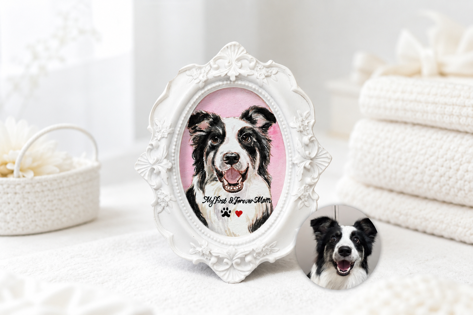 Custom hand-painted watercolor pet portrait of a black and white dog in an ornate white frame, personalized from a pet photo.