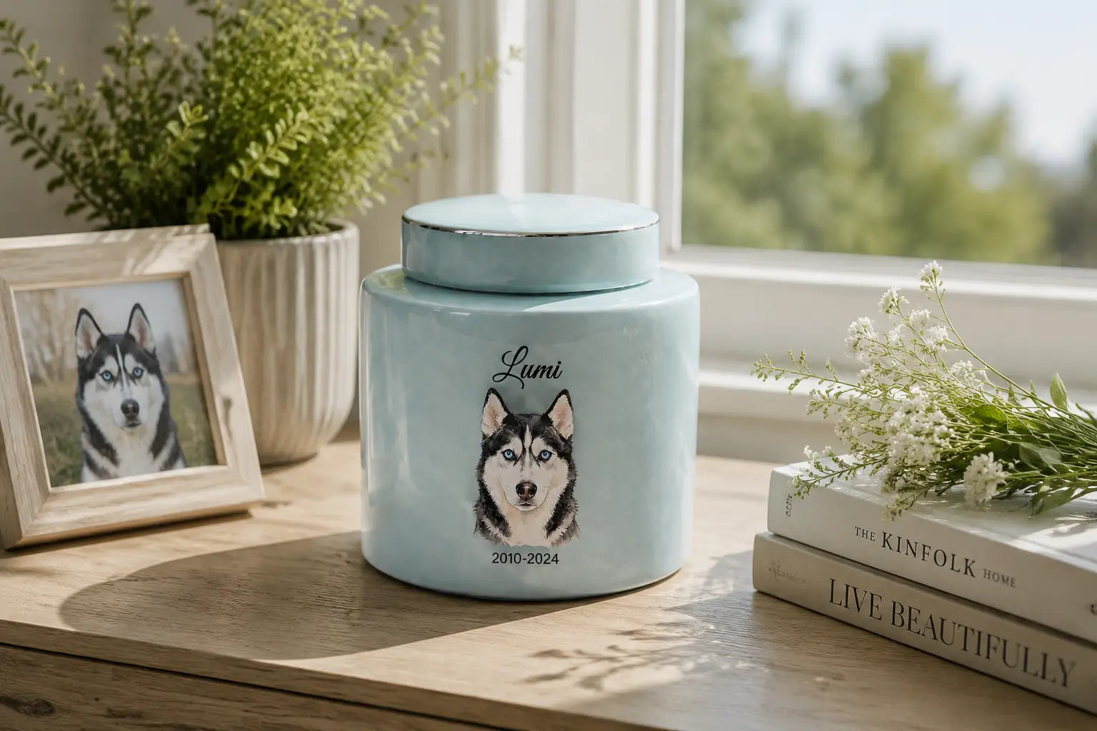 Personalized blue ceramic pet memorial urn with a husky portrait and name engraving, displayed on a wooden table beside a window with a framed dog photo, flowers, and natural daylight in a peaceful home setting.