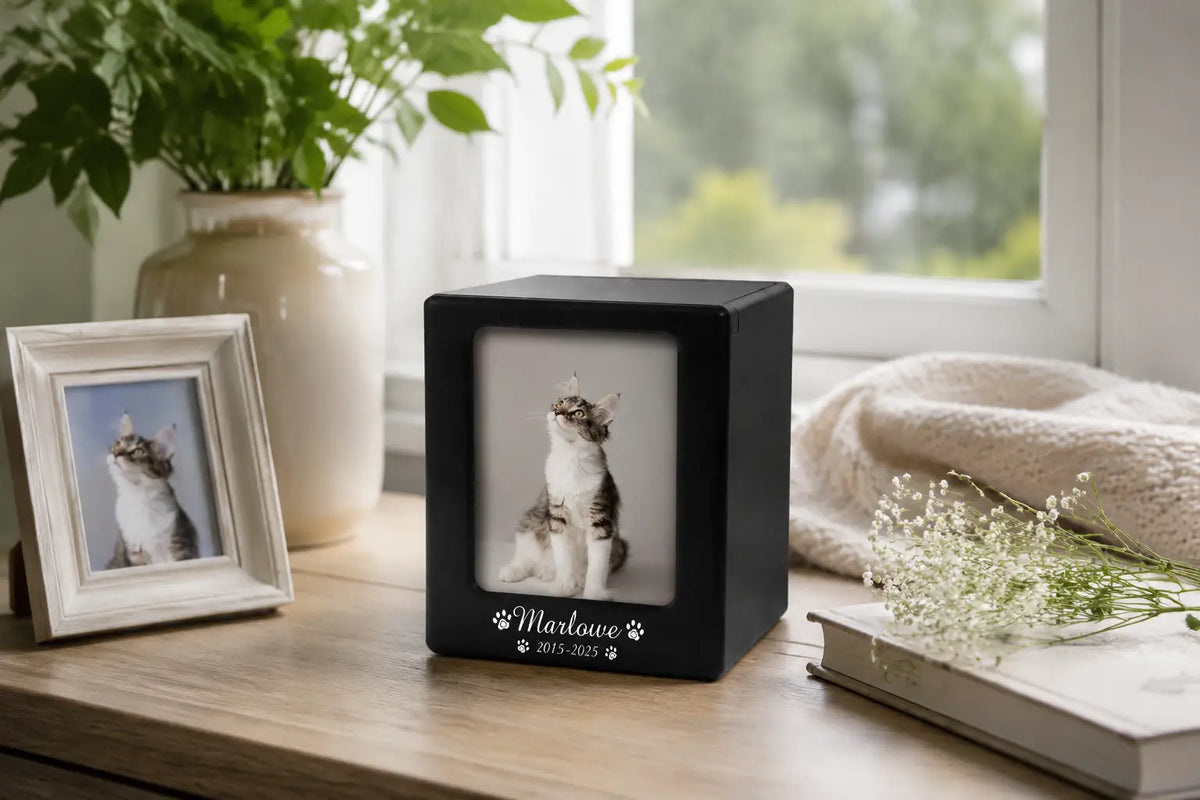 Dark wood photo box pet urn displaying a framed cat photo with an engraved name, on a sunlit windowsill