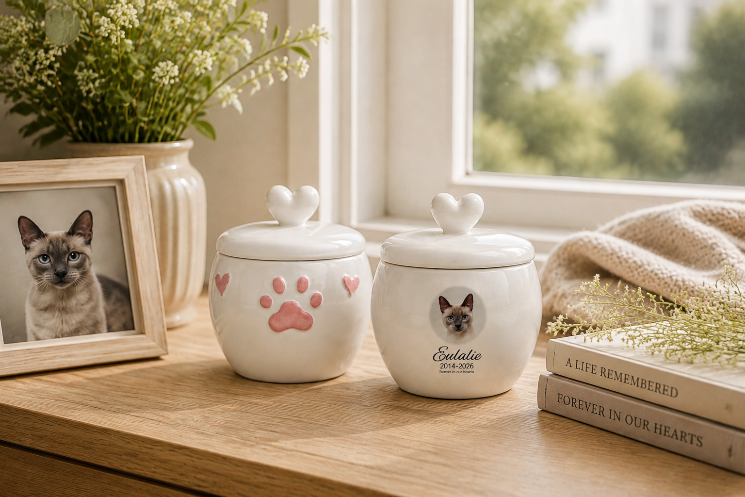 Personalized ceramic pet memorial urns with heart-shaped lids, featuring a custom cat portrait and paw print design, displayed on a wooden table by a sunlit window with a framed pet photo and flowers.