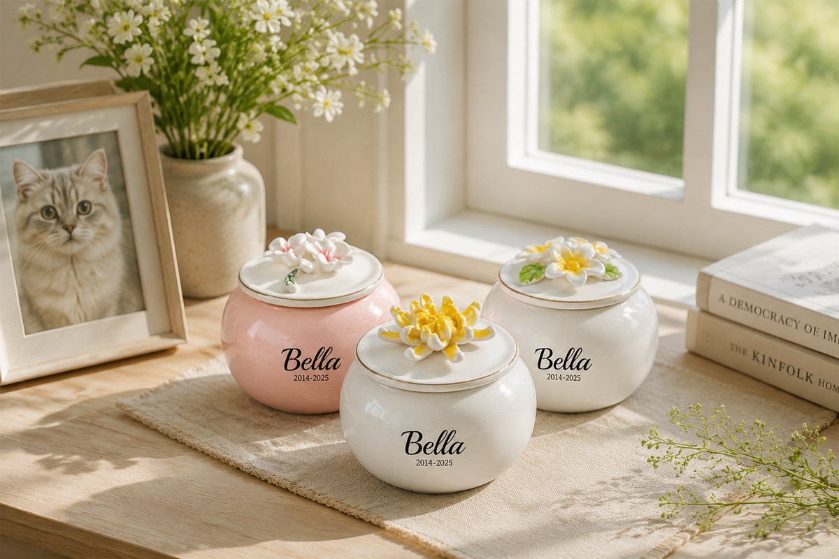 Personalized ceramic pet memorial urns with handcrafted flower lids, featuring custom names and memorial dates, displayed on a wooden table by a bright window in a warm and peaceful home setting.