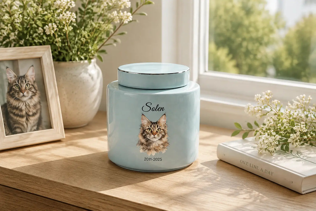 Pale blue personalized ceramic cat cremation urn engraved with a name, on a sunlit windowsill beside a framed cat photo and flowers