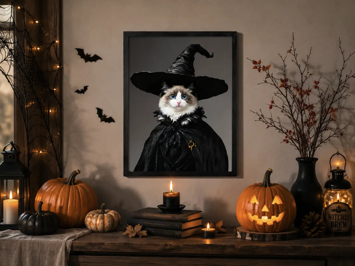 Custom witch pet portrait on wood displayed as Halloween wall art with pumpkins, candles, and cozy autumn decor.