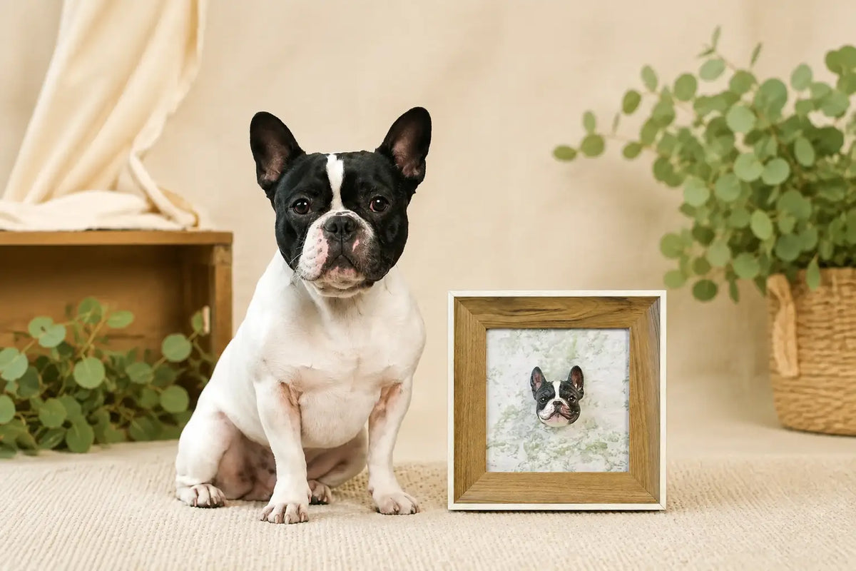 French Bulldog sitting beside a custom hand-painted dog portrait in a wooden frame.