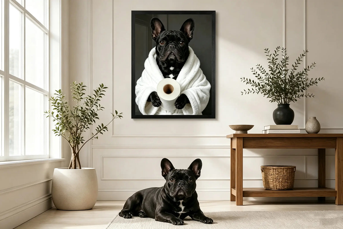 Funny dog bathroom art — custom French Bulldog portrait in a white bathrobe holding toilet paper, framed in black, with the real dog below