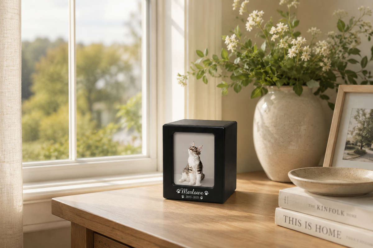 Black wooden pet urn box with a framed pet photo on the front panel, displayed on a console table beside a vase of greenery