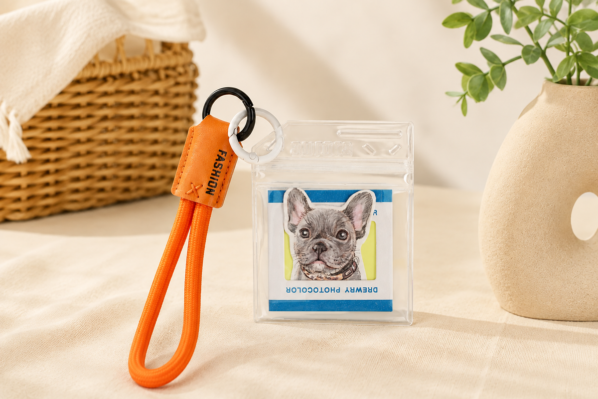 Personalized pet photo keychain with a French Bulldog portrait charm on an orange strap, resting on linen beside a woven basket