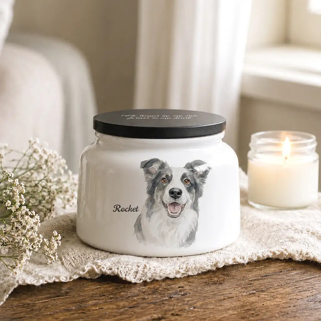 Watercolor dog cremation urn on white ceramic with a wood lid
