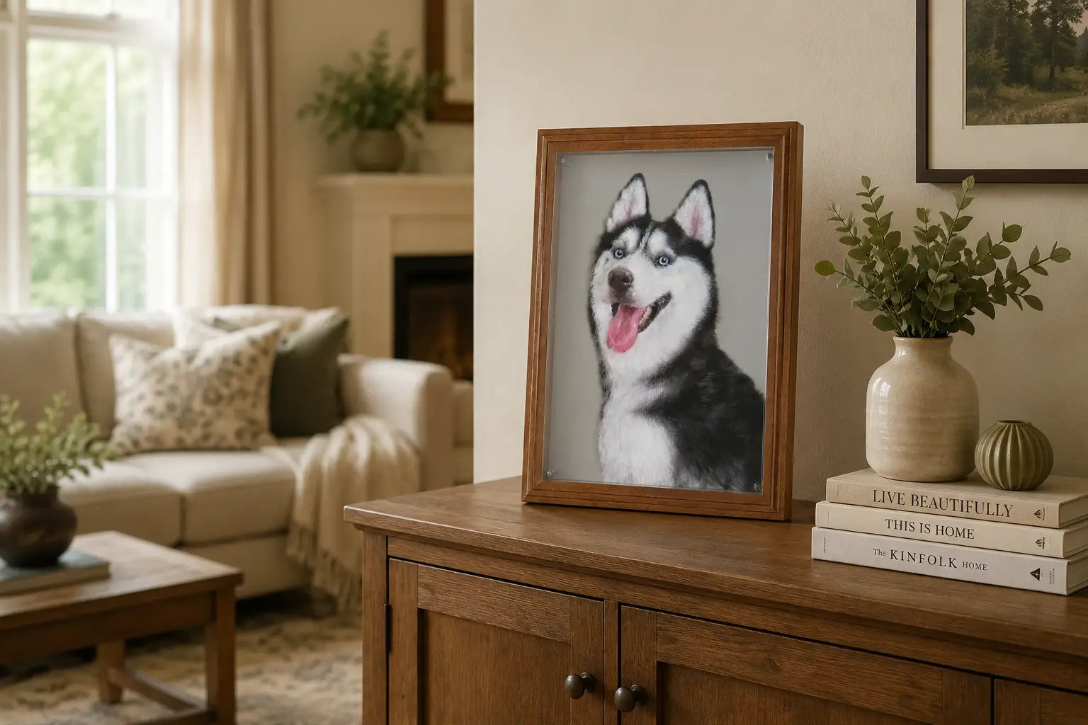Framed custom husky portrait displayed on a wooden sideboard in a living room