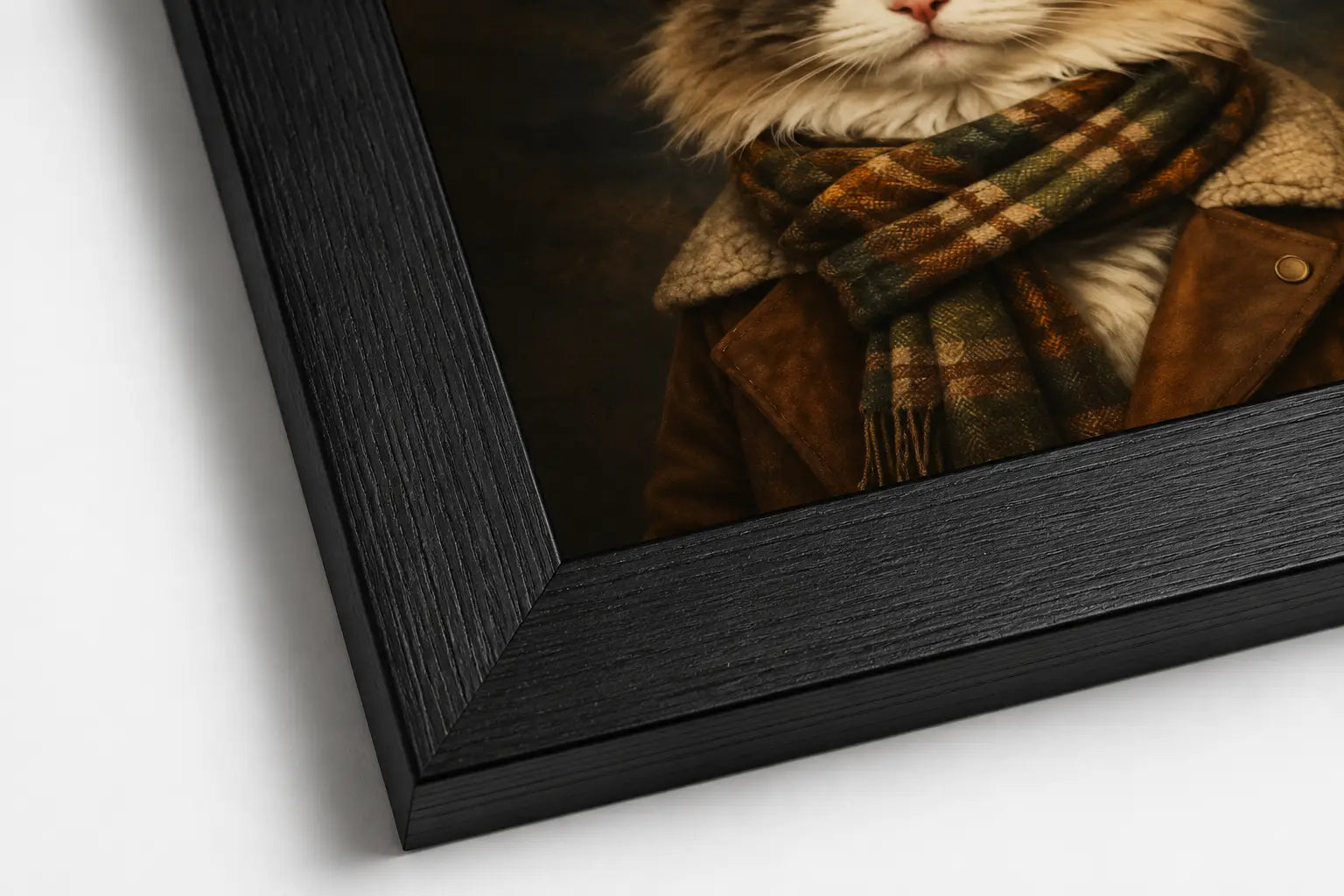 Corner detail of a custom pet portrait on wood in a solid black wood frame, showing the matte glare-free surface and visible grain