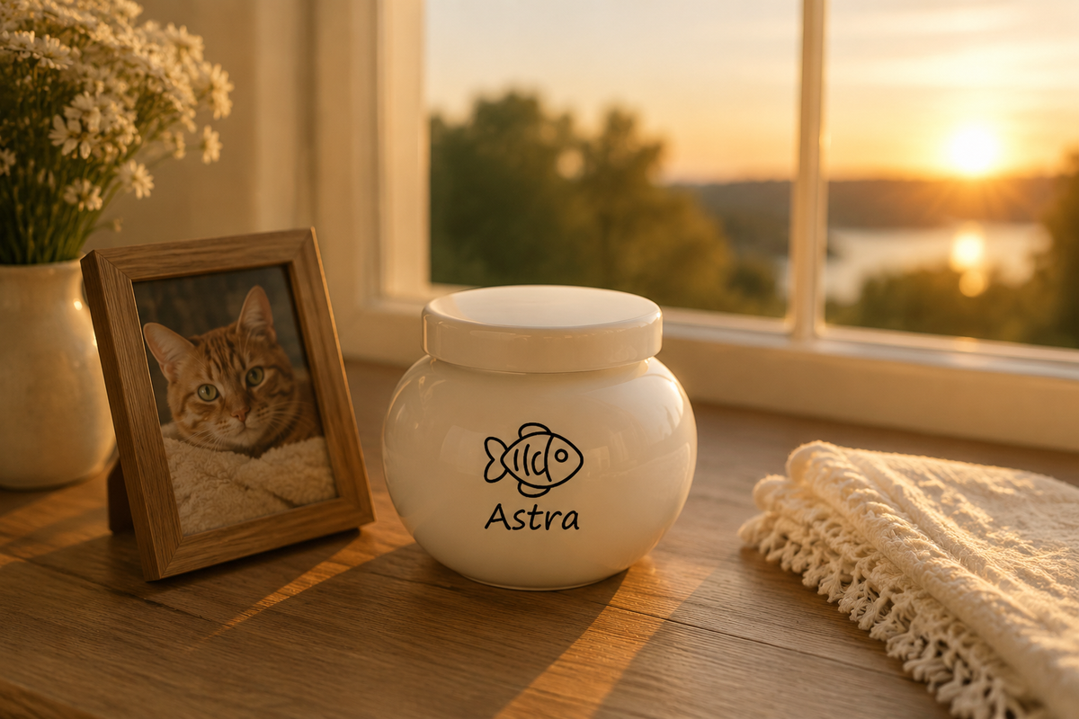 Small white ceramic pet urn with a fish design and the name Astra, on a sunlit windowsill beside a framed cat photo