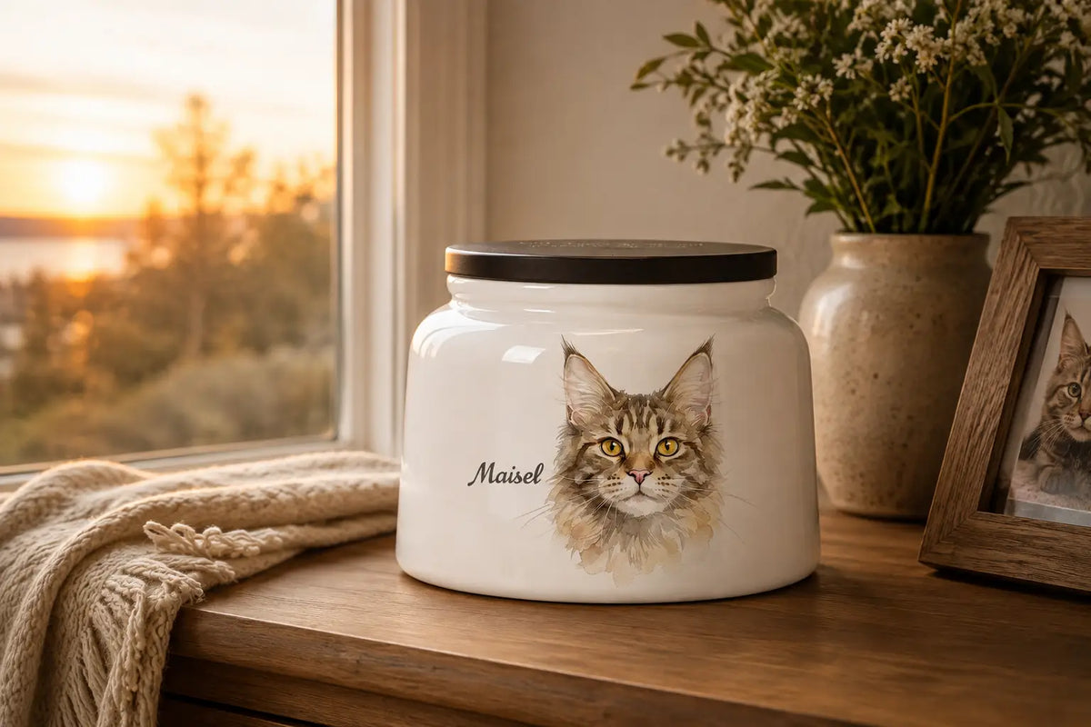 White ceramic pet urn with a watercolor portrait of a Maine Coon cat and the name Maisel, on a sunlit windowsill