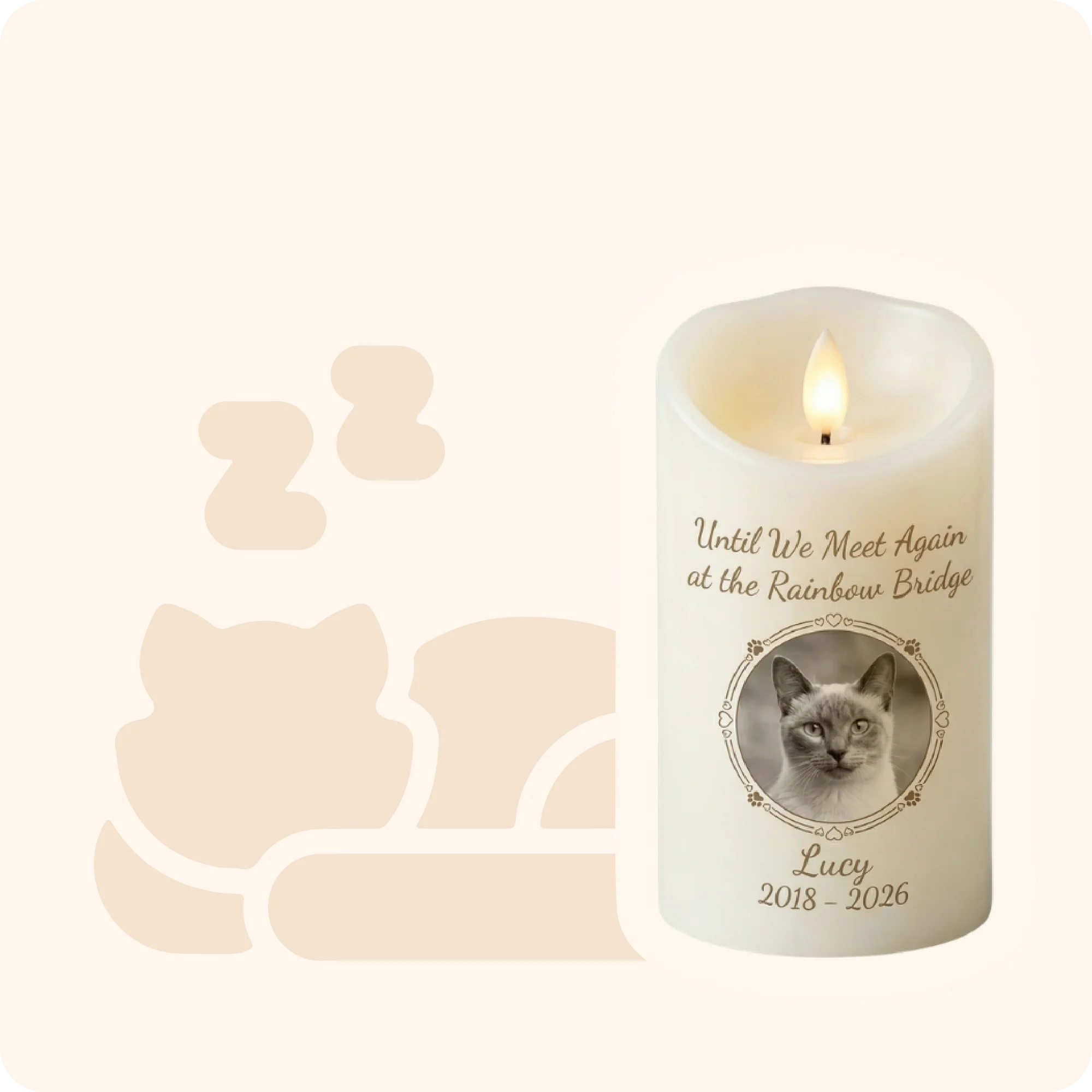 Personalized pet memorial LED candle displayed on a coffee table beside a framed pet photo in a warm living room setting
