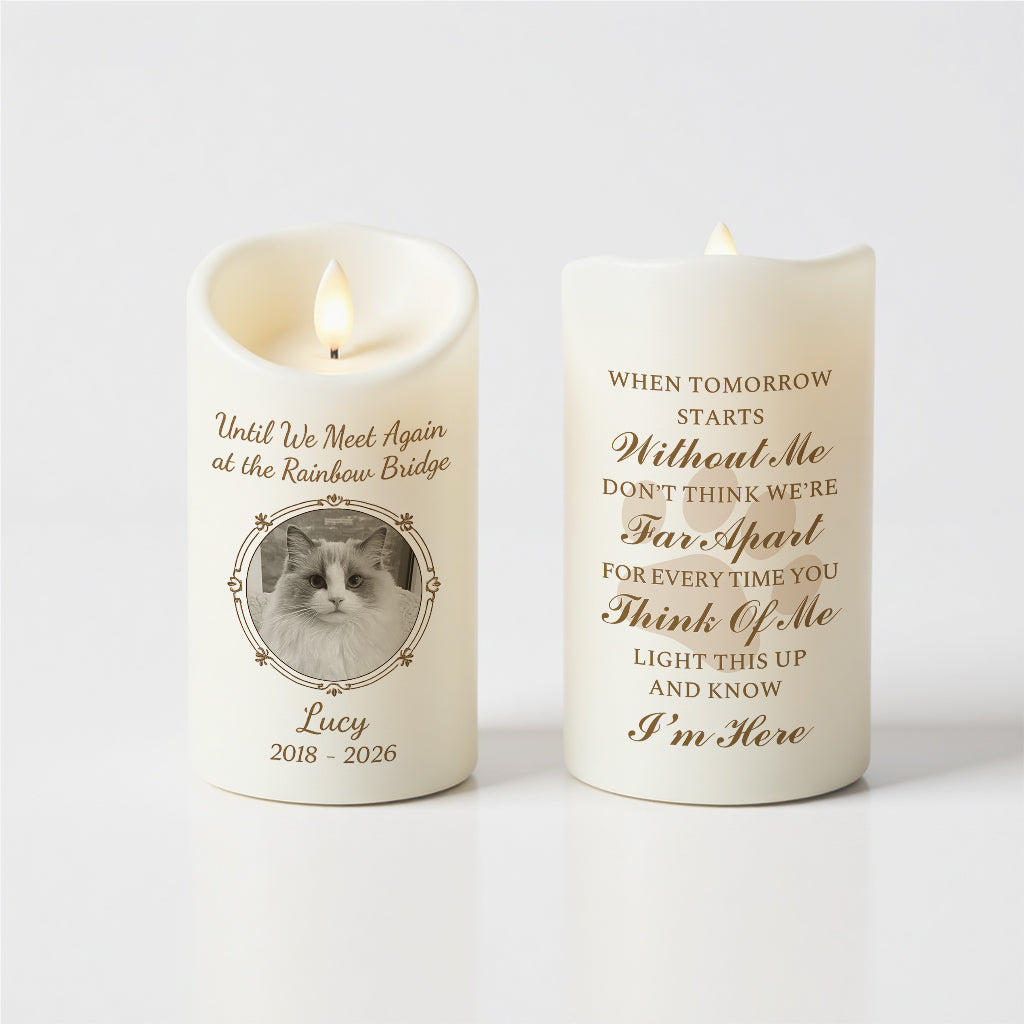 Back of pet memorial LED candle with personalized name, dates, and custom message text