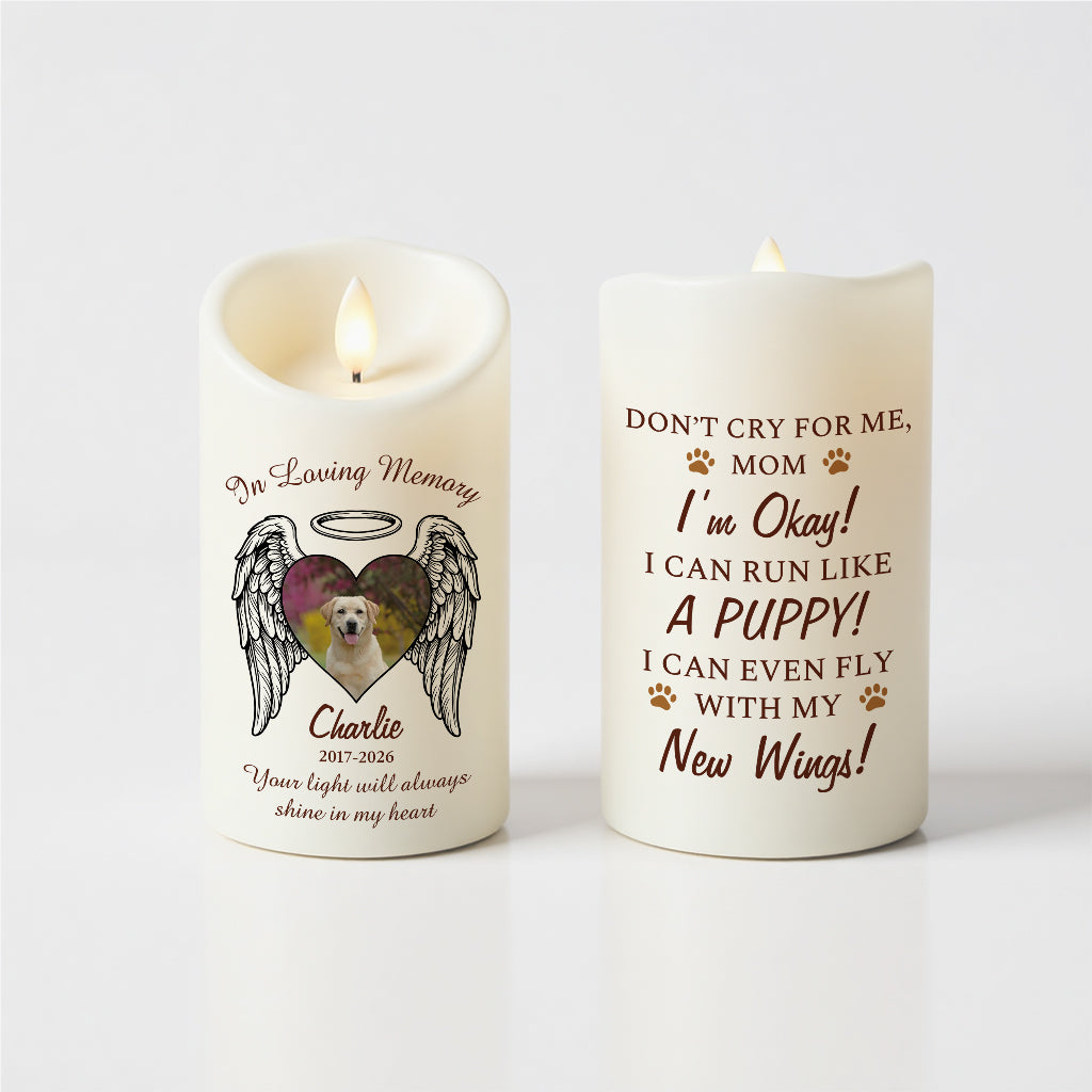 Back of heart wings pet memorial candle with custom remembrance message and pet name