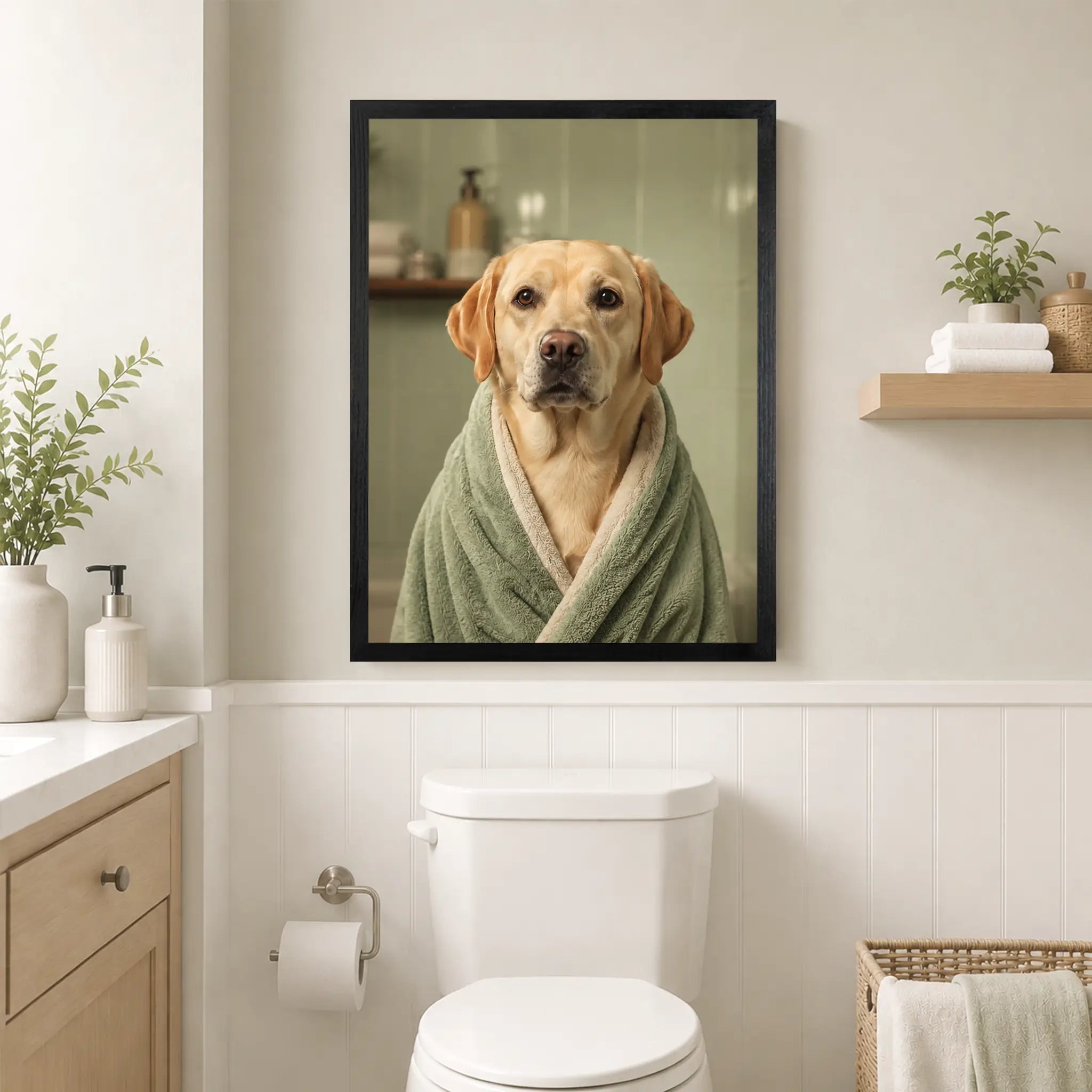Custom Pet Bathroom Wall Art – Your Dog or Cat in a Spa Robe