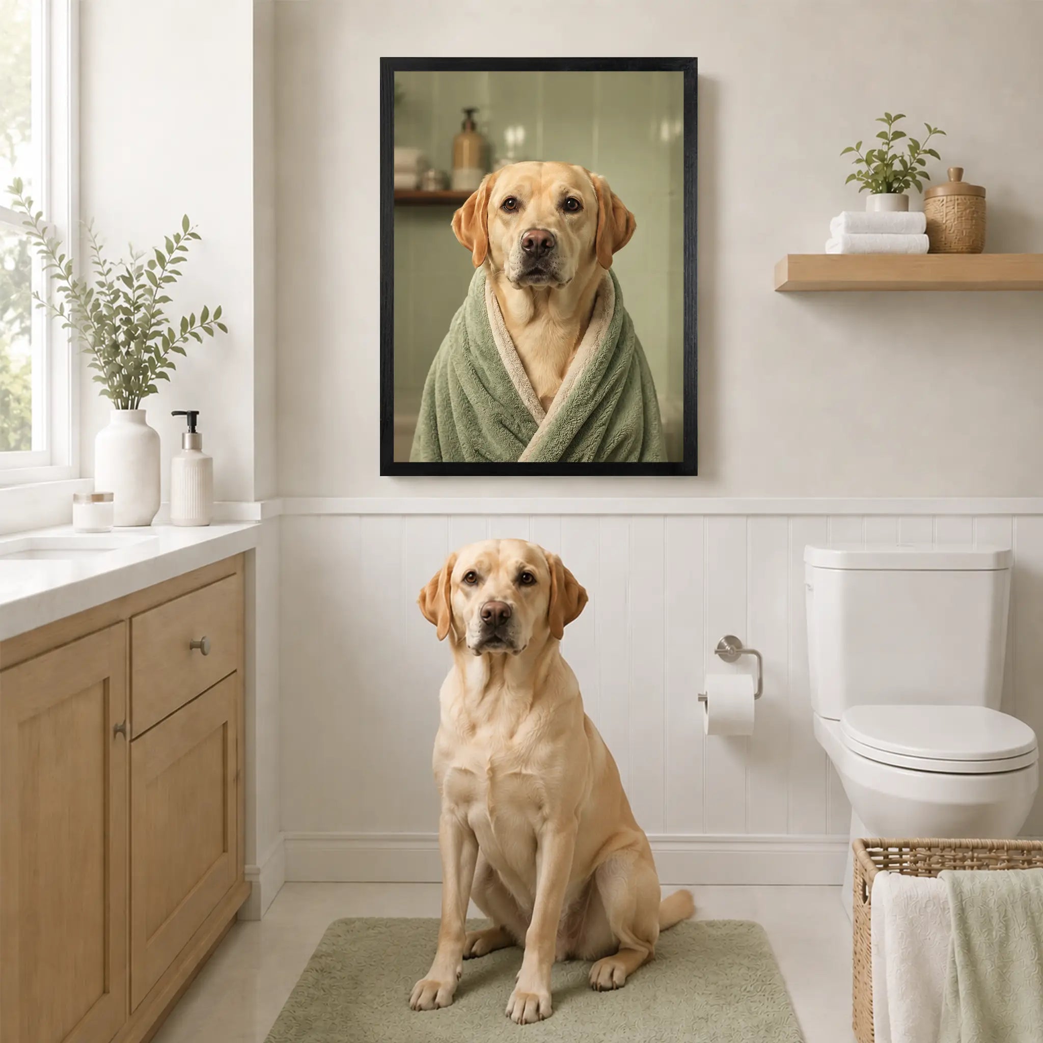 Custom Pet Bathroom Wall Art – Your Dog or Cat in a Spa Robe