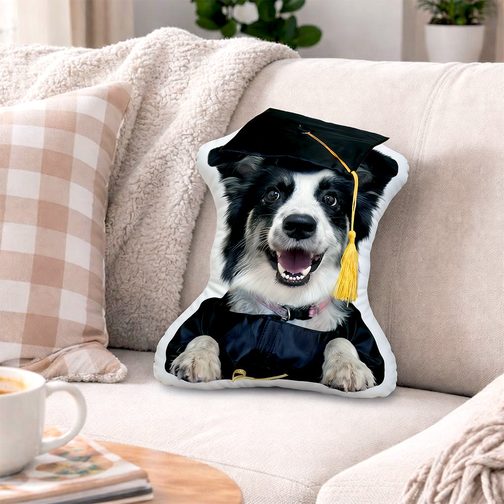 Custom pet graduation pillow shown in 40cm, 50cm, and 60cm size options side by side