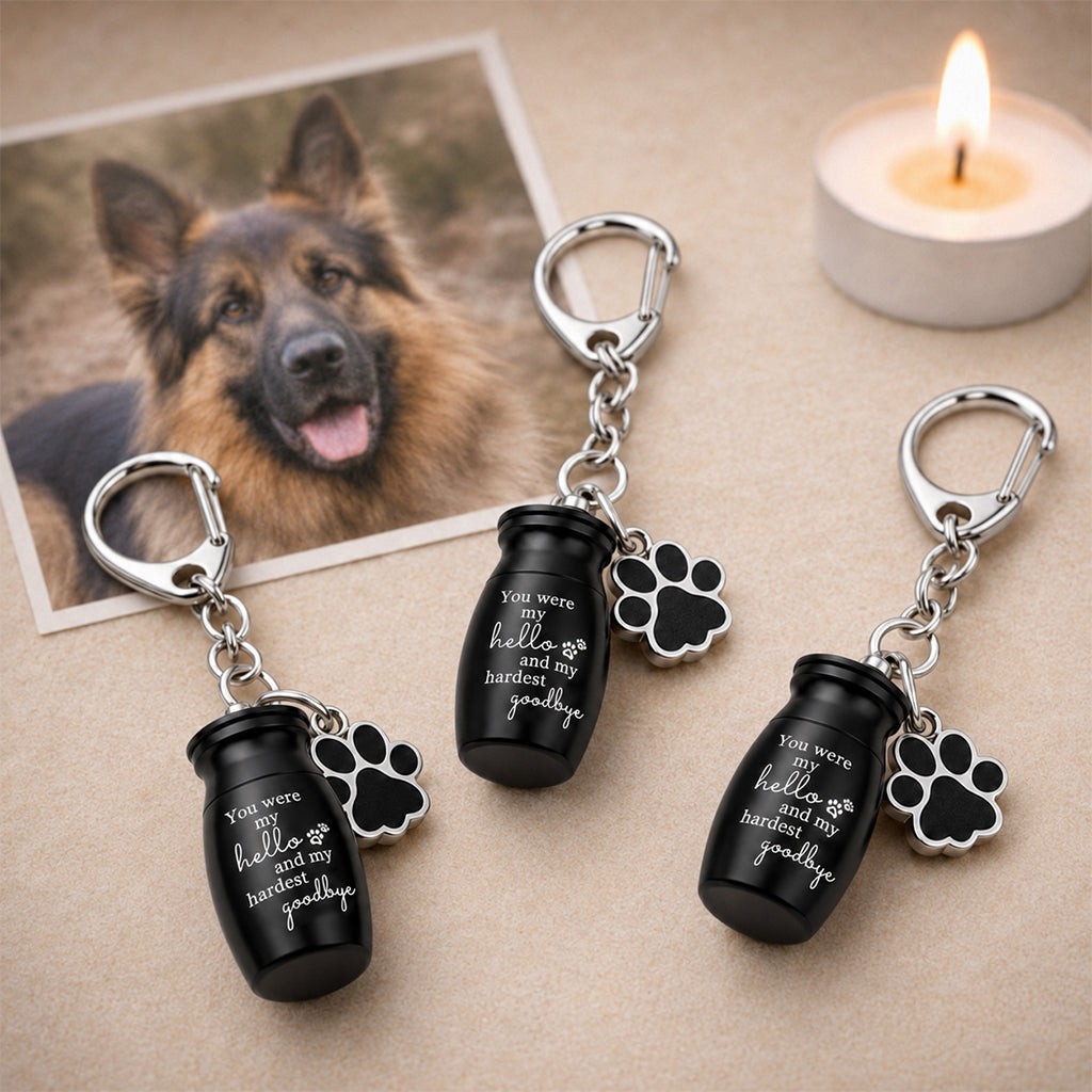 Engraved mini pet cremation urn keychain in black finish with personalized text