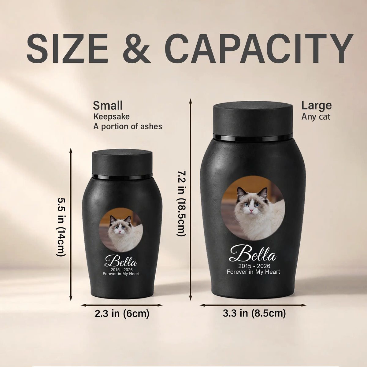 Size and capacity comparison chart showing two black pet memorial keepsake urns labeled Small and Large, with dimensions, cat photos, and the name Bella on a beige background.