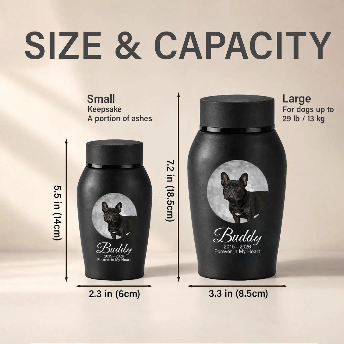 Small and large personalized dog urn size comparison showing dimensions and capacity for pet ashes