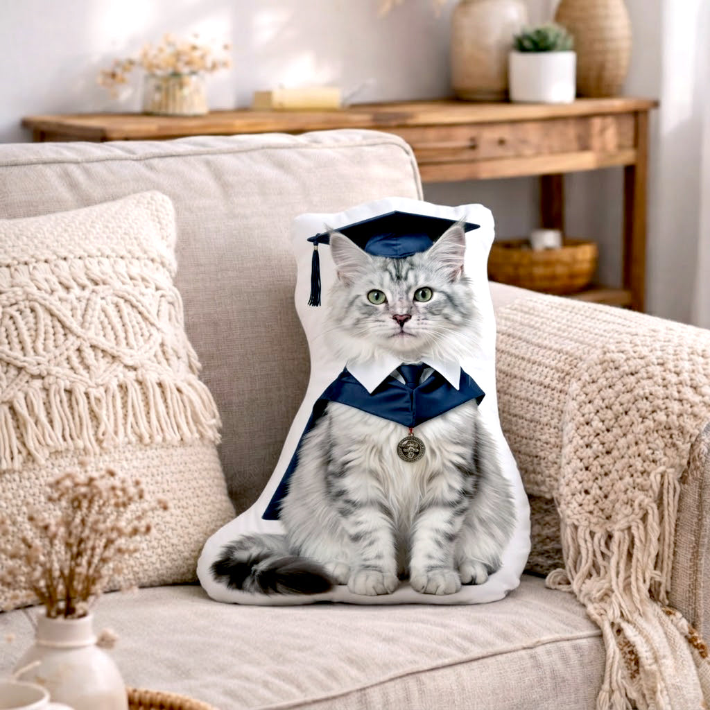 Personalized shaped pet graduation pillow displayed standing upright as a fun graduation gift