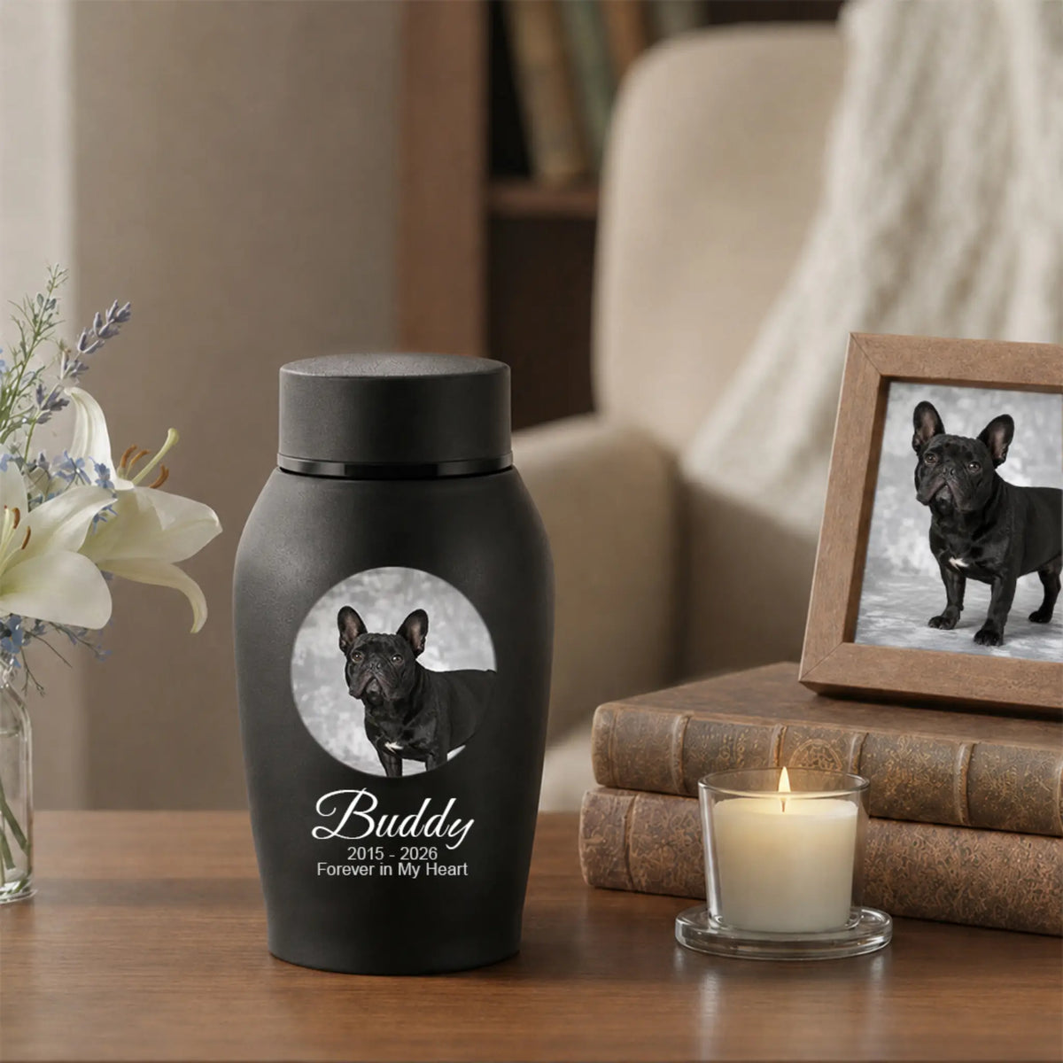 Personalized dog memorial urn with pet photo displayed beside a framed picture, flowers and remembrance candle
