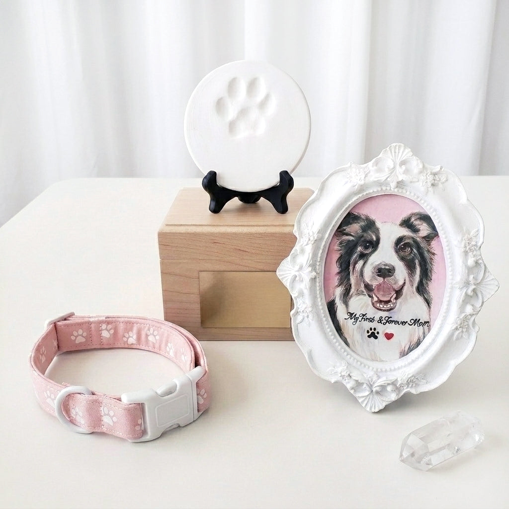 White-framed custom watercolor pet portrait displayed on a wall in a bright home setting