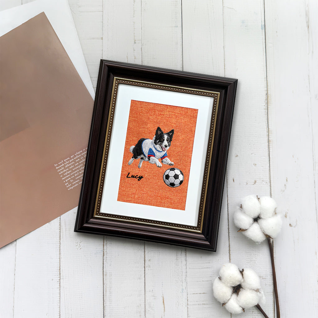 Framed soccer World Cup pet portrait embroidery displayed on a wall as a personalized sports fan gift