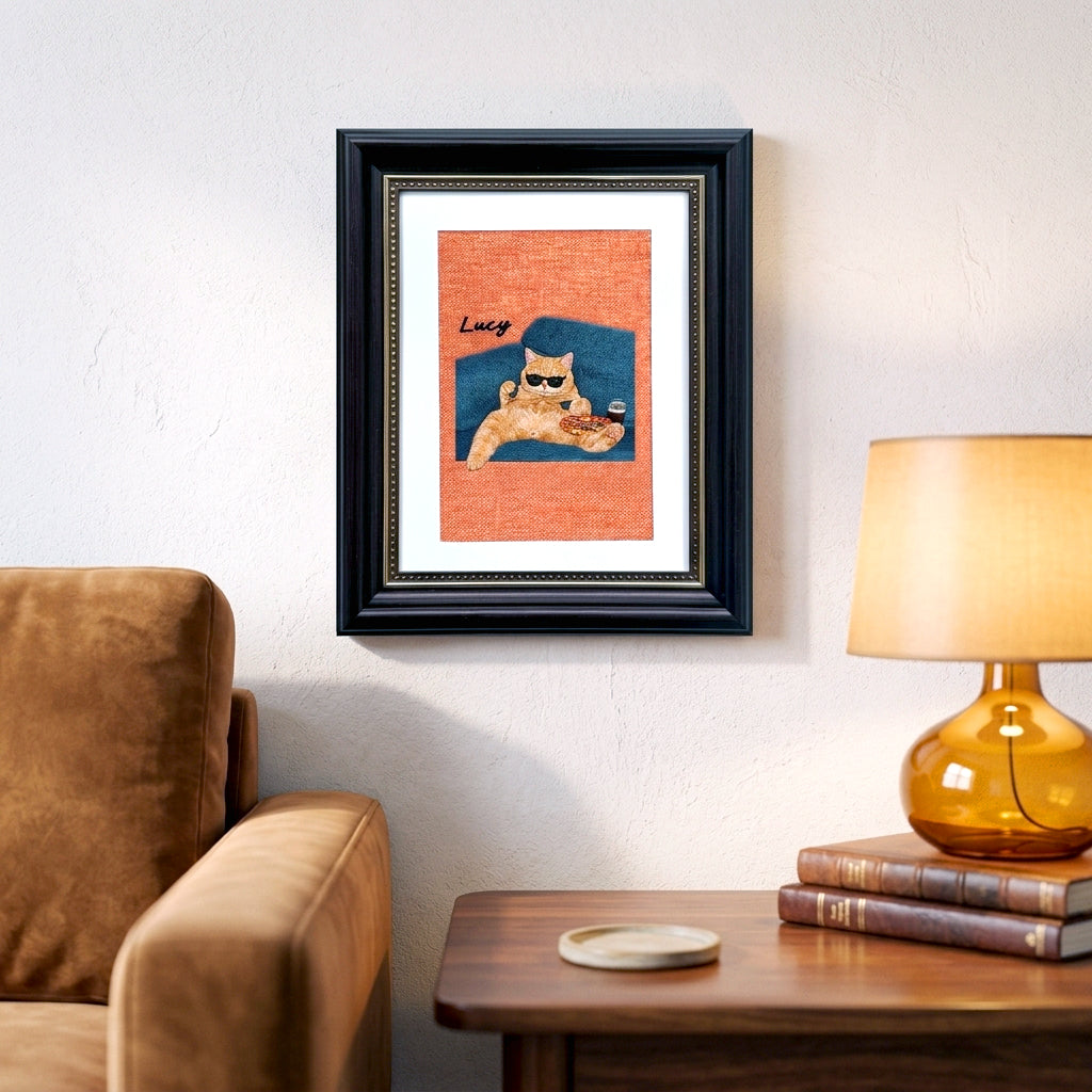 Close-up of humorous custom pet embroidery showing playful costume and stitch detail on linen