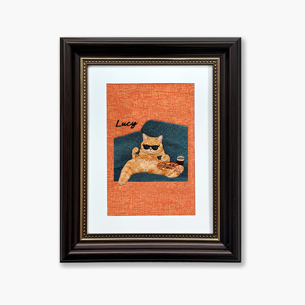 Funny custom pet portrait embroidery with pet in a humorous costume scene stitched on linen in a frame