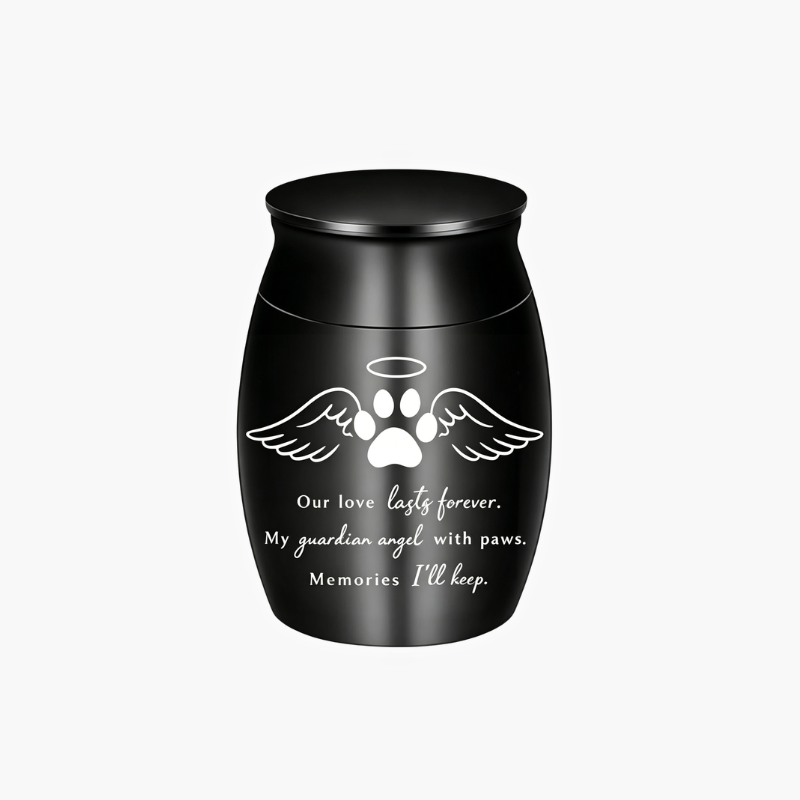 Pet cremation urn in gold, silver, rose gold, and black finish options shown together