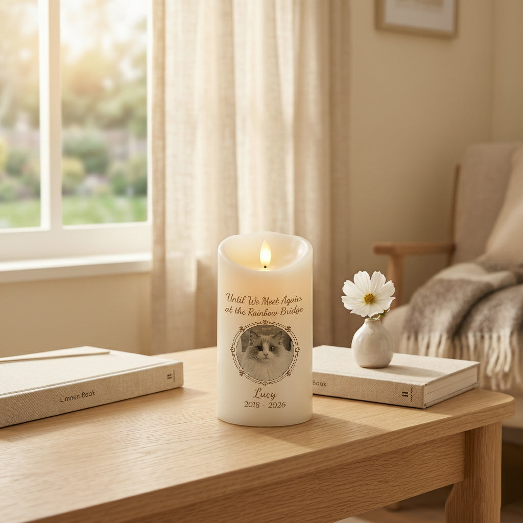 Pet memorial LED candle with round photo frame displayed on a bedside table as a remembrance gift