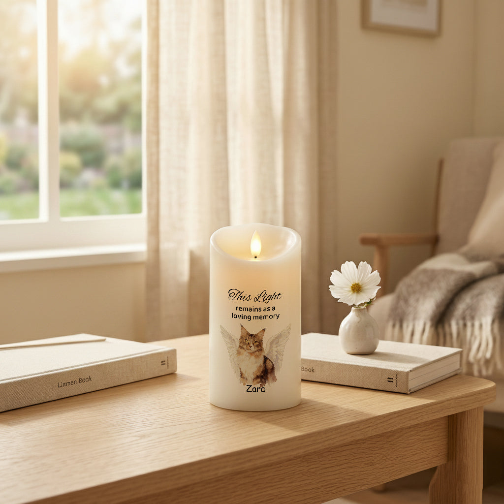 Custom pet memorial LED candle with watercolor angel wings design and personalized pet portrait
