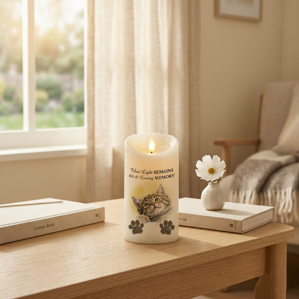 Pet memorial candle with paw print design glowing on a shelf as a remembrance keepsake