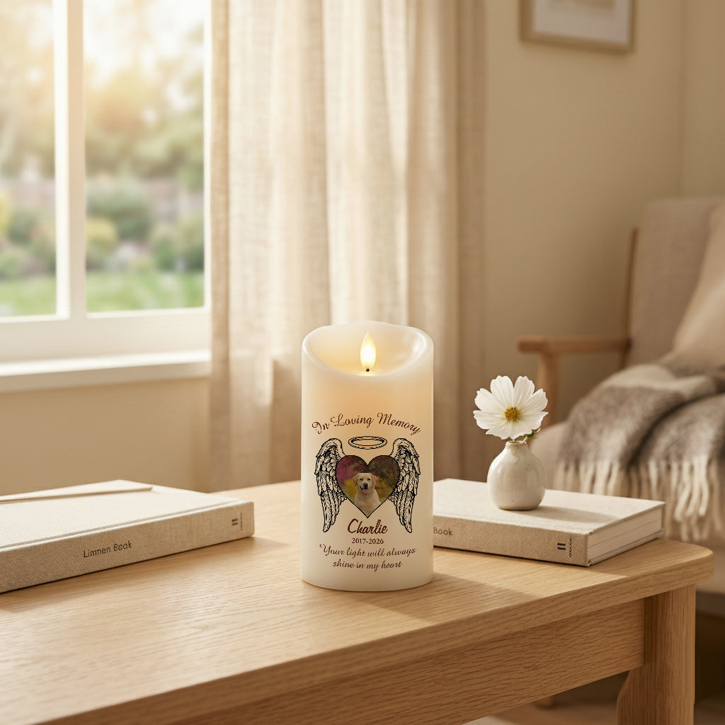 Custom pet memorial LED candle with heart wings design and personalized pet portrait on the front