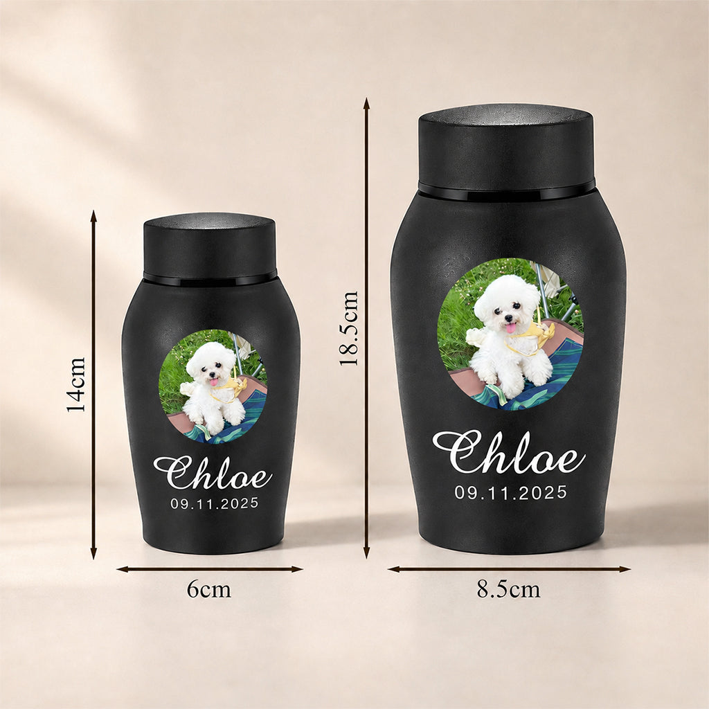 Size comparison guide for personalized dog cremation urn showing small and large dimensions