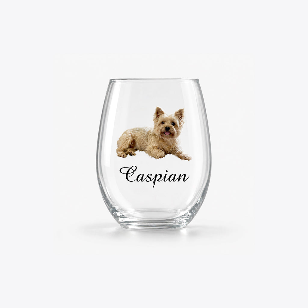 Custom pet photo stemless wine glass with full-color pet portrait and name printed on the outside
