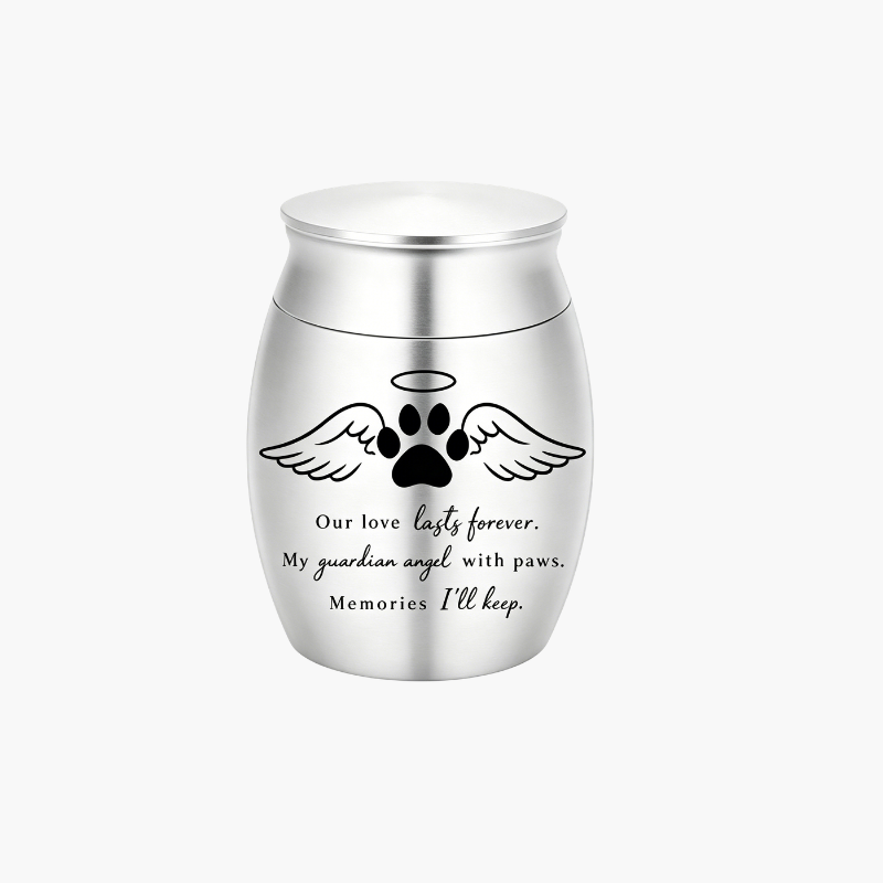 Mini pet memorial urn with lid removed showing interior capacity for pet ashes
