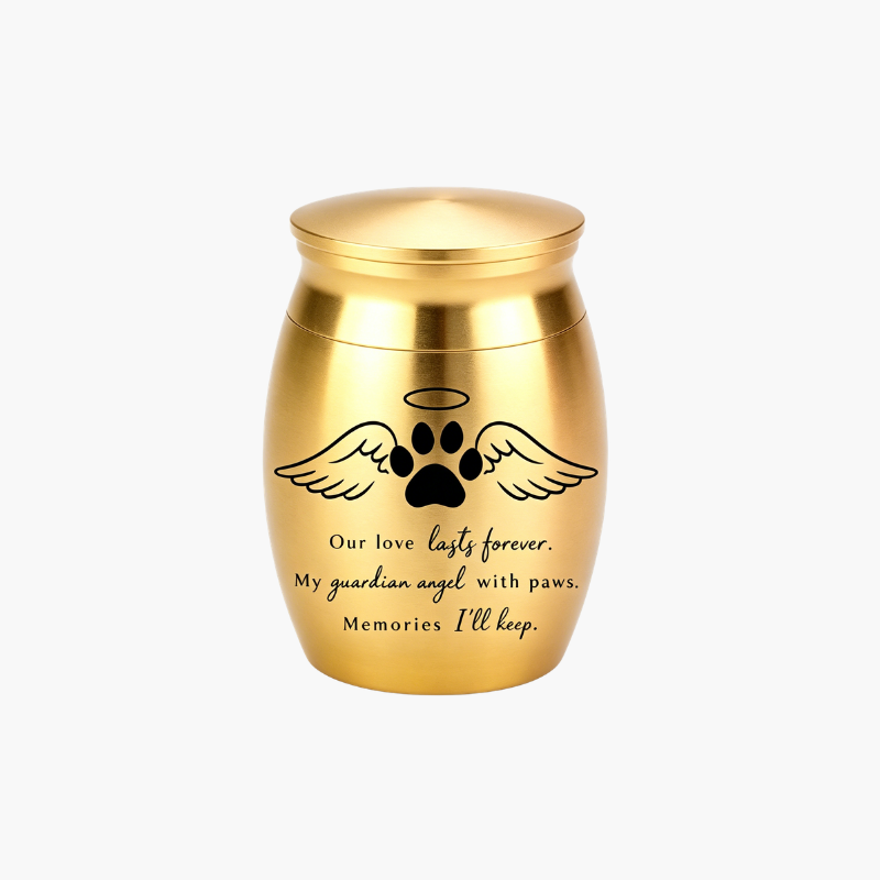 Size guide for mini pet cremation urn showing dimensions compared to a hand