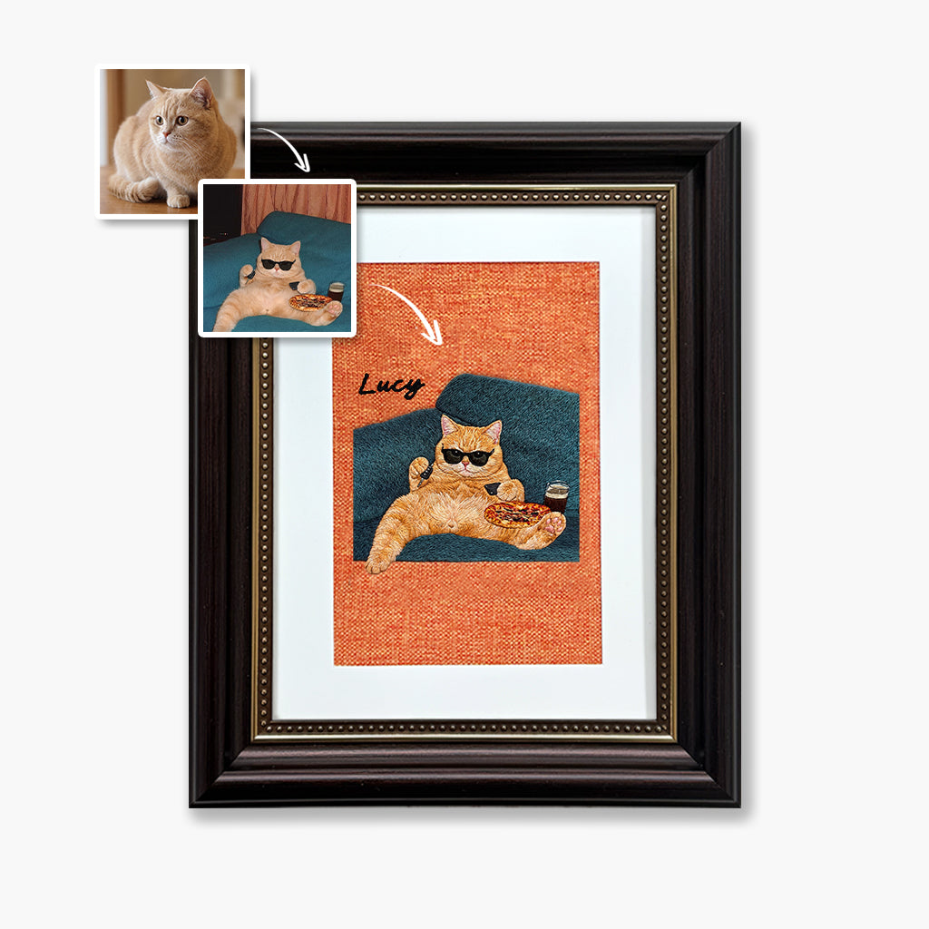 Framed funny pet portrait embroidery displayed on a wall as a humorous personalized pet gift