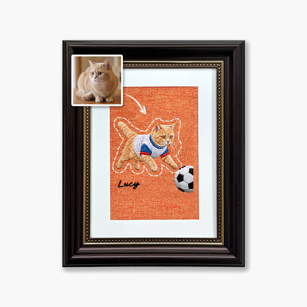 Custom soccer pet embroidery shown in lifestyle setting as a fun personalized gift for pet owners