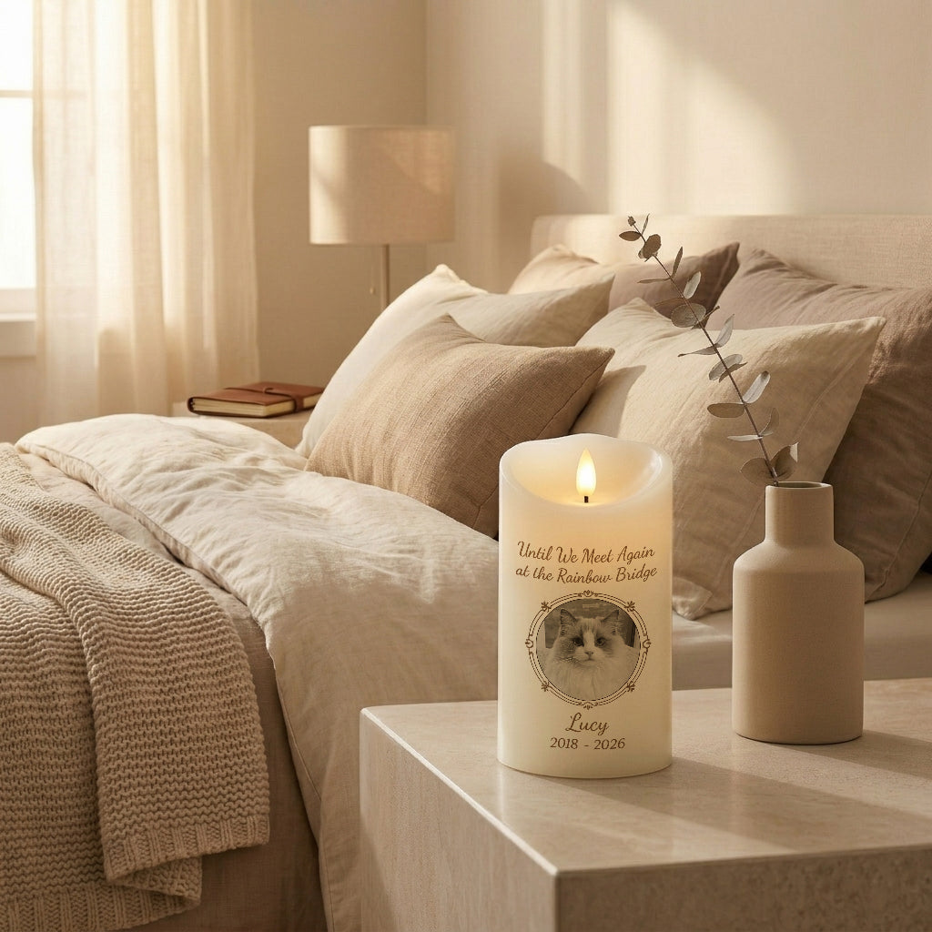 Custom pet memorial LED candle with round photo frame showing engraved pet portrait and name