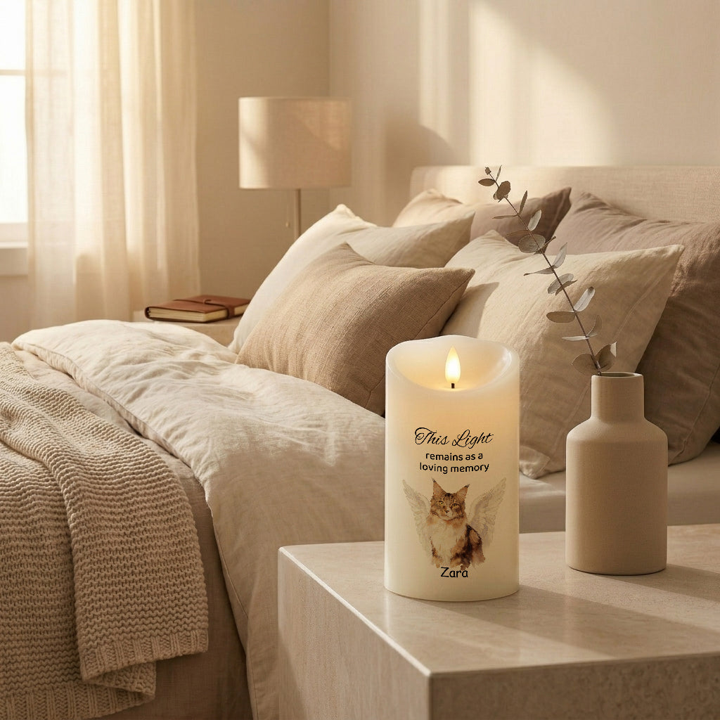 Pet memorial LED candle with angel wings design glowing softly as a pet loss remembrance gift