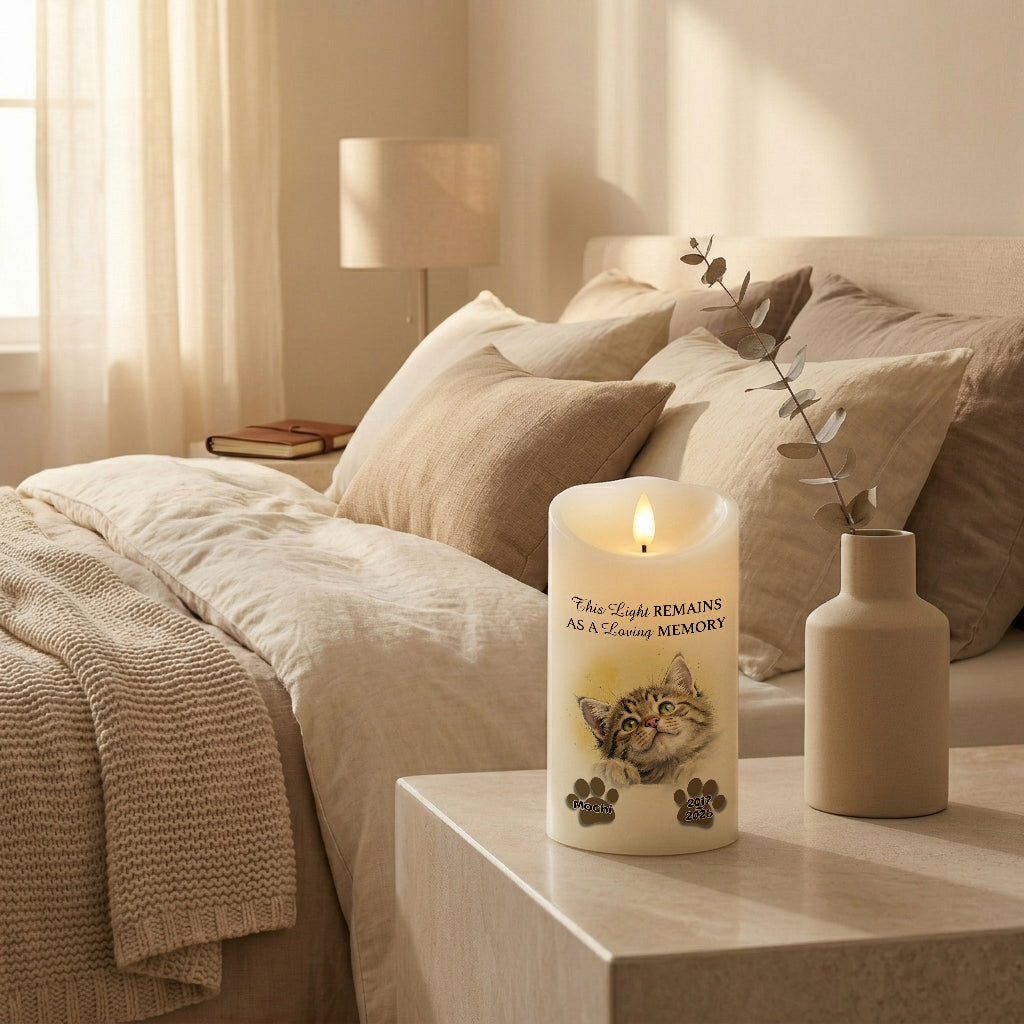Custom pet memorial LED candle with peeking pet and paw print design featuring a personalized portrait