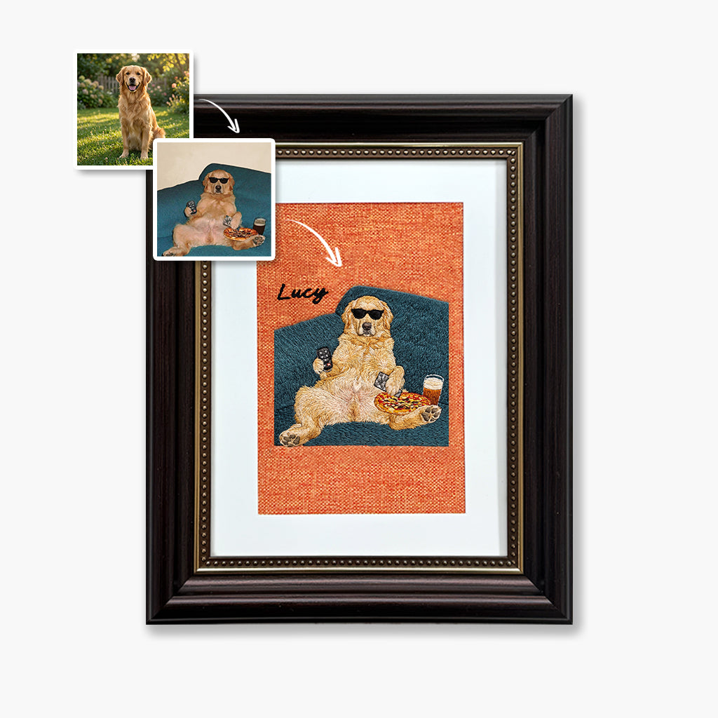 Custom fun pet embroidery shown in lifestyle setting as a unique gift for pet owners