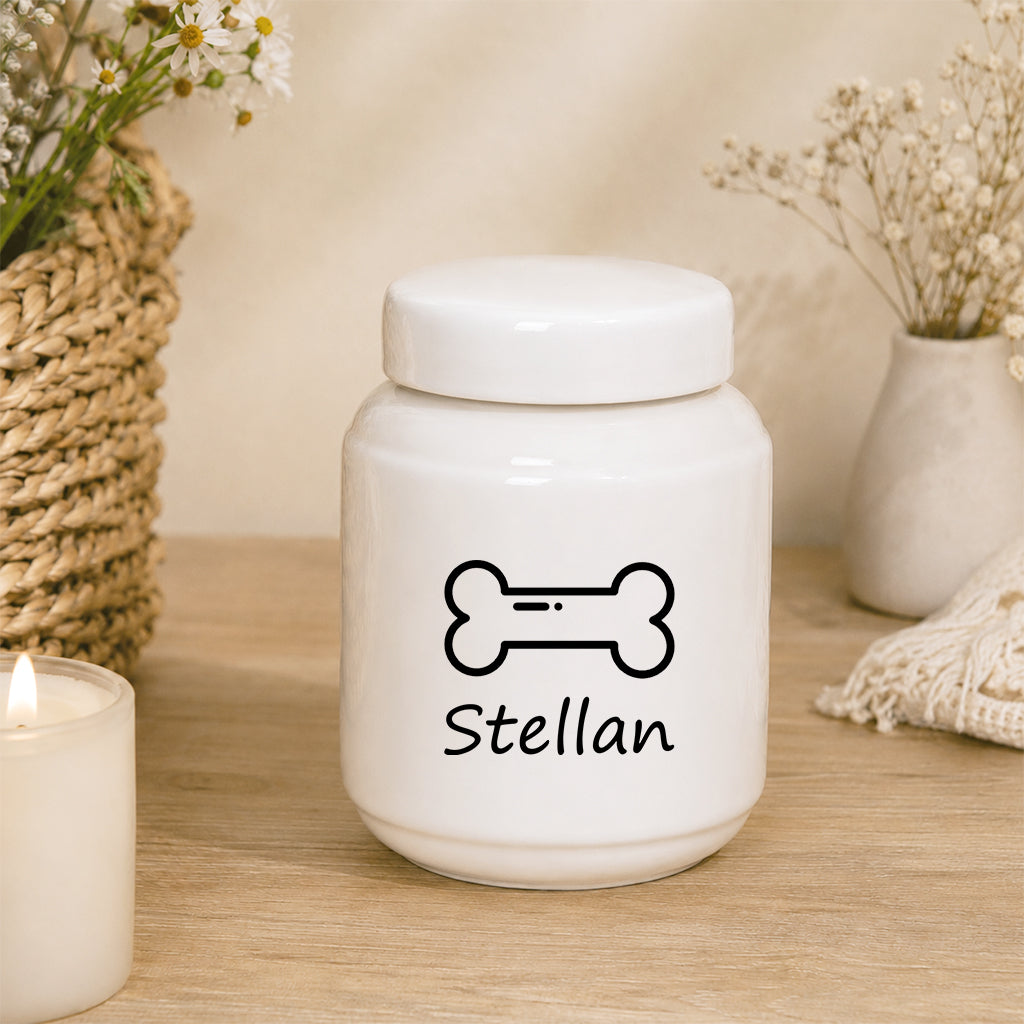 Personalized ceramic pet urn Design C with custom pet name and minimal line art motif
