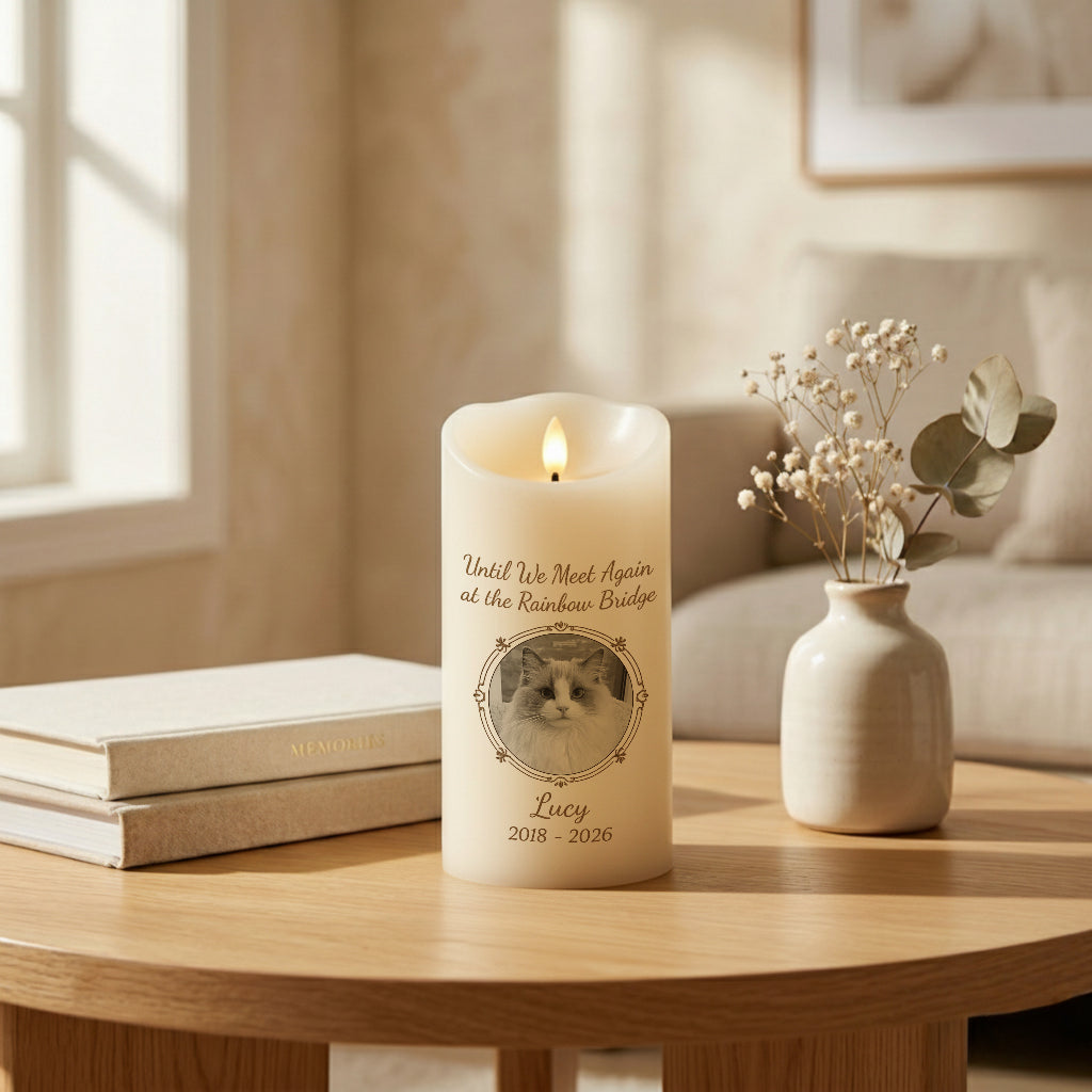 Personalized pet memorial LED candle glowing softly with round photo frame in a warm room setting