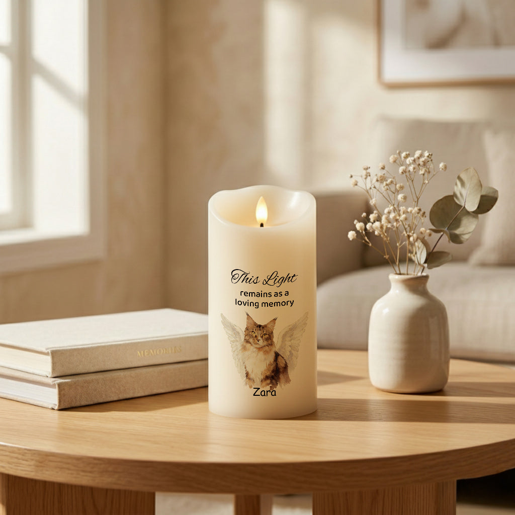 Personalized pet memorial candle with angel wings displayed in a cozy home setting