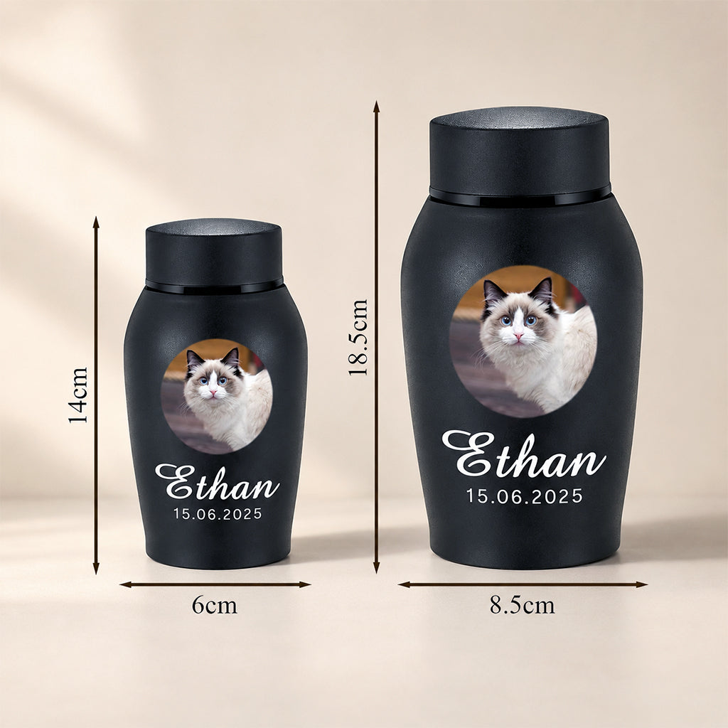 Side view of personalized cat cremation urn showing engraved detail and finish quality